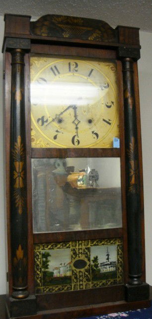 Seth Thomas, Plymouth, CT ca 1830 Early Stenciled c: Seth Thomas, Plymouth, CT ca 1830 Early Stenciled column and splat clock with columns on sash. Good dial, tablet in two section door invented by Eli Terry.