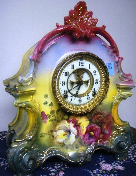 Ansonia Clock Co. New York China case painted flowe: Ansonia Clock Co. New York China case painted flowers, Royal Bonn, Germany case.