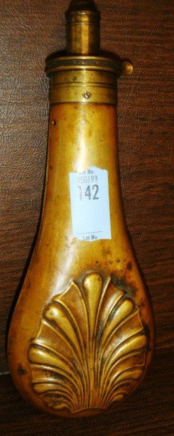 Shell Patent Brass Powder Flask marked McLean and : Shell Patent Brass Powder Flask marked McLean and Brady, Birmingham