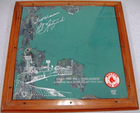 Frame: Authentic Piece of the old Left Field Wall : Frame: Authentic Piece of the old Left Field Wall, Fenway Park 1978 - Green Monster, Ted Williams Boston Red Sox "Jimmy Fund". This was given as an award raising funds for the Jimmy Fund.
