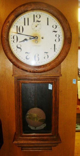 New Haven 30-Day Oak Wall Regulator Clock: New Haven 30-Day Oak Wall Regulator Clock, 15 inches by 6 inches by 35 inches.