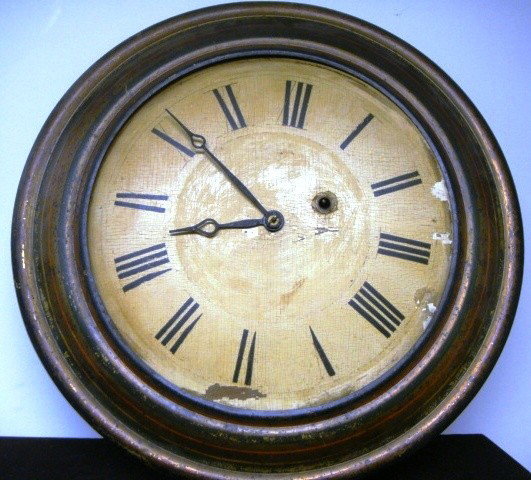 Terry & Andrews, Bristol, CT Gallery Wall Clock: Terry & Andrews, Bristol, CT Gallery Wall Clock ca 1845 8-day brass time only movement. Convex wooden painted dial with thin brass case with pressed design on sides and painted decoration on case. Lab