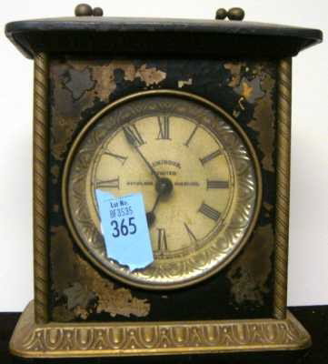 Terry Clock Co. Carriage Clock: Trry Clock Co. Pittsfield, MA 1885 "Escot Pearl Luminous" model carrige clock as shown in 1885 catalog. 30-hour hourback wind lever and alarm movement. Black painted cast iron pearl in lays and brass 