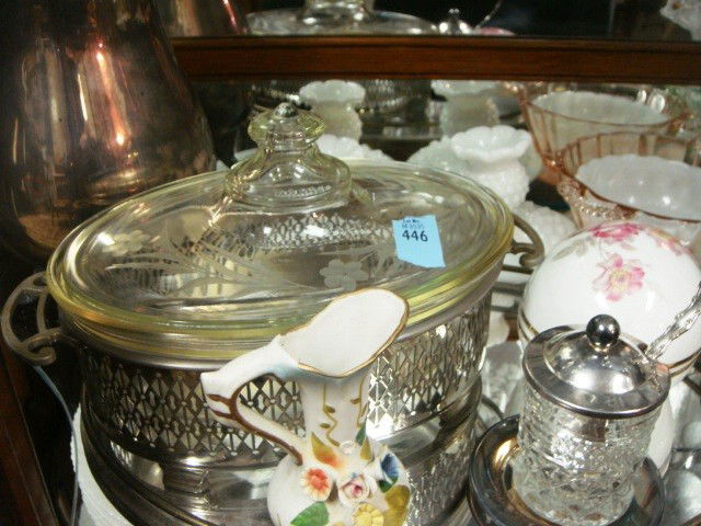 Shelf Contents-Depression Glass, Silver Plate, etc: Shelf Contents: Depression Glass Milk Glass Silver Plate Swan Dish approximately 20 peices