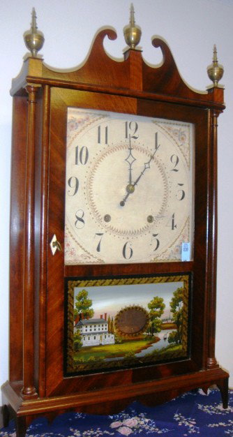 Eli Terry 7 Sons Pillar Scroll shelf clock tablet h: Eli Terry 7 Sons Pillar Scroll shelf clock tablet has cracked glass.