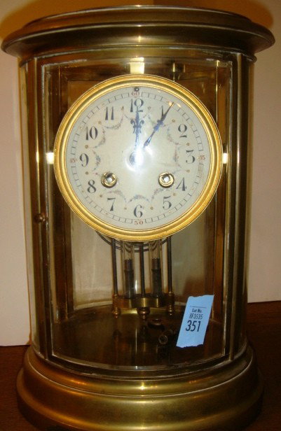 352: 14K Gold Ladies Opal and Diamond Ring: Tiffany Mantel Clock - oval shaped in glass case, beveled glass, 8 inches by 6 inches by 11 inches.