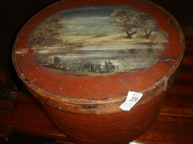 ANTIQUE COVERED GRAIN BIN WITH PAINTED SCENE: ON TOP
