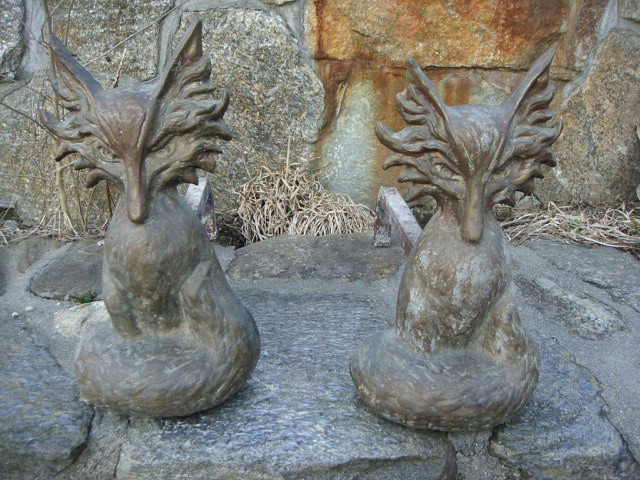 Pr. Antique Heavy Brass Andirons: in form of Fox 15 in. Tall x 8 In. Wide