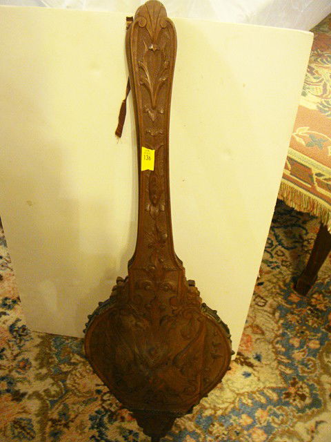 Monumental Walnut Carved w/Full Lion Head Fireplac: Monumental Walnut Carved w/Full Lion Head Fireplace Bellows, attributed by R.j. Horner