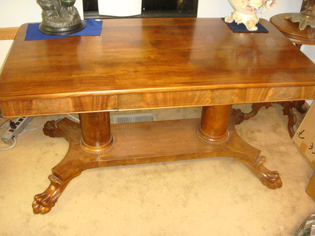 Magnificent Mahogany Federal Style 1 Drawer Librar: Magnificent Mahogany Federal Style 1 Drawer Library Table with huge claw feet, 2 column base. Beautiful finish. 54 in. x 28 in. x 2 ft. tall