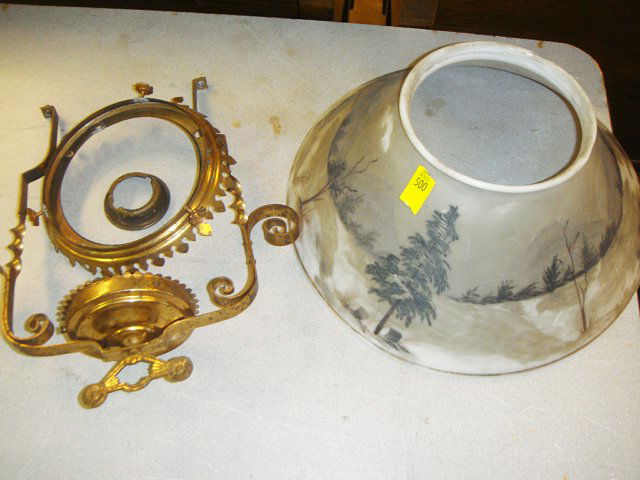 Victorian Antique Hanging Lamp with Shade - 1860s: Antique Hanging Lamp with Shade with a winter scene of a home and trees and bridge. Victorian from 1860s