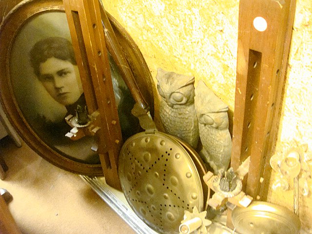Estate Lot: Estate Lot including oval framed portrait of lady in curved glass, owl cast iron andirons, JC Higgins Camper Stove in original box, brass bed warmer, brass chandelier - all for 1 money!