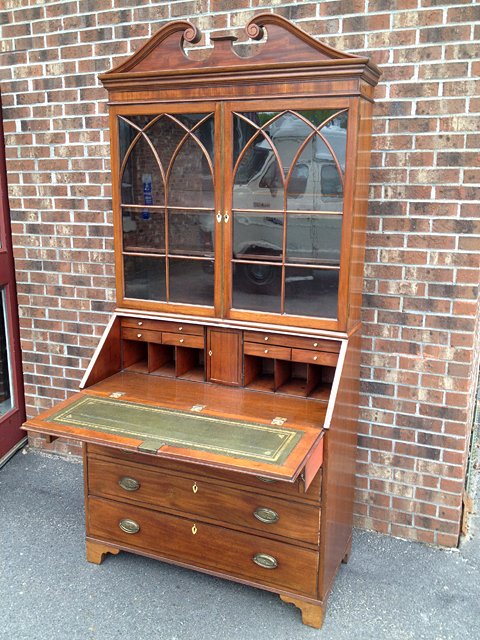 Mahogany English 2 Part Secretary Desk: Mahogany English 2 Part Secretary Desk with full drawer interior w/ green leather writing surface. With individual pane glass. Measures 84 inches tall x 40 1/2 inches wide