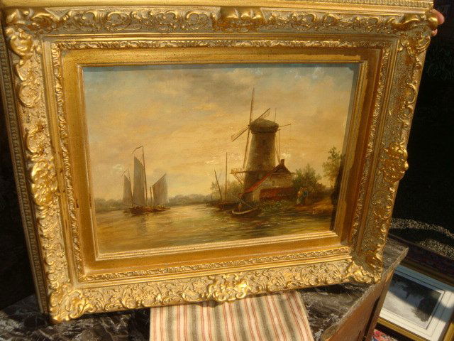 Oil Painting (Sail Boat and Windmill) by Kaplin, G: Oil Painting on board (Sail Boat and Windmill) by Kaplin, with ornate gold gilt frame. This is a decorative painting, not an antique, although still a very nice painting. This painting came from a won