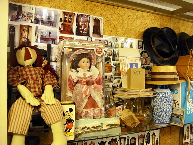 Large Estate Collection Including Hand Blow Polis: Large Estate Collection including vintage hats, leather pocket book, blue and white vase, Bridgeport and Savin Rock, CT postcards, High Farm Dairy, Terryville, CT milk bottles, doll and doll's chair, 