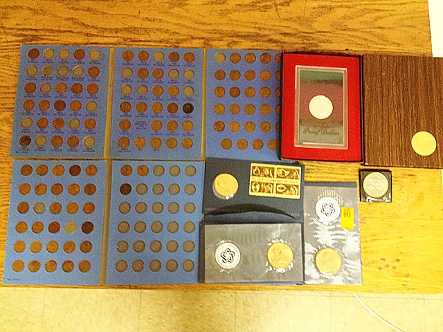 Misc. Estate Coin Lot: Misc. Estate Coin lot including pennies, including 1973 Ike Dollar Proof with original box, 3 Commemorative Bicentennial George Washington coins one with 1st Day of Issue 8 cent stamps, 1 1977 Elizabe