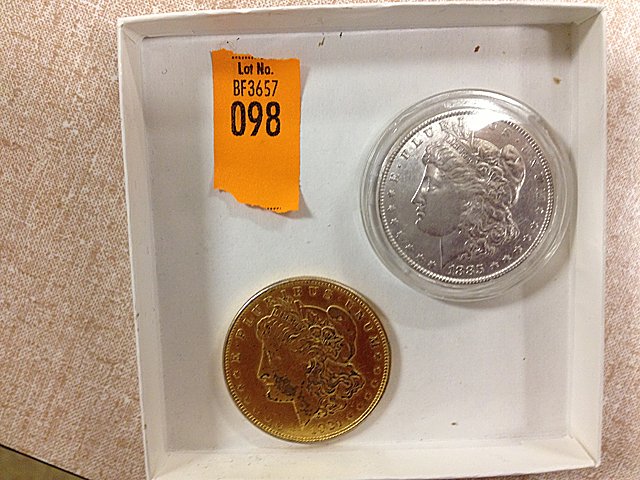 2 Morgan Silver Dollars, 1885 & 1921: 2 Morgan Silver Dollars, 1 1885 and 1 is 1921 (1921 has been gold plated)