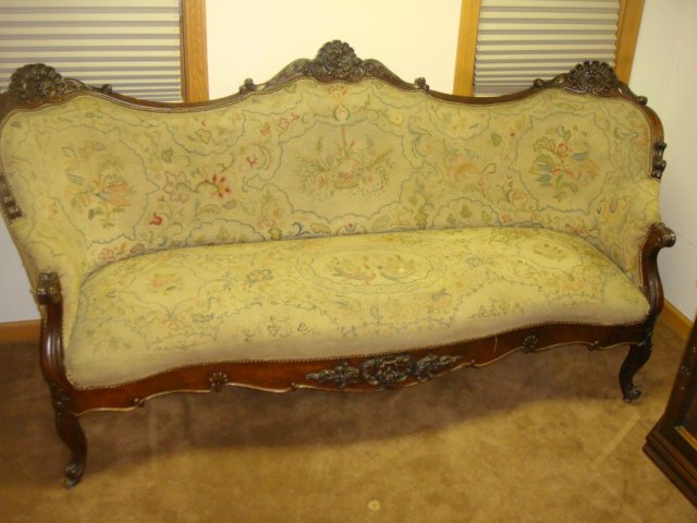 Victorian Rosewood Sofa, Love Seat, 4 Chairs w/Needlepo: Victorian Rosewood Sofa w/Needlepoint Upholstery . Birds, flowers, baskets - all original finish 79 in. long x 37 tall x 27 deep. Victorian Rosewood Love Seat w/Needlepoint Upholstery. Birds, flowers,