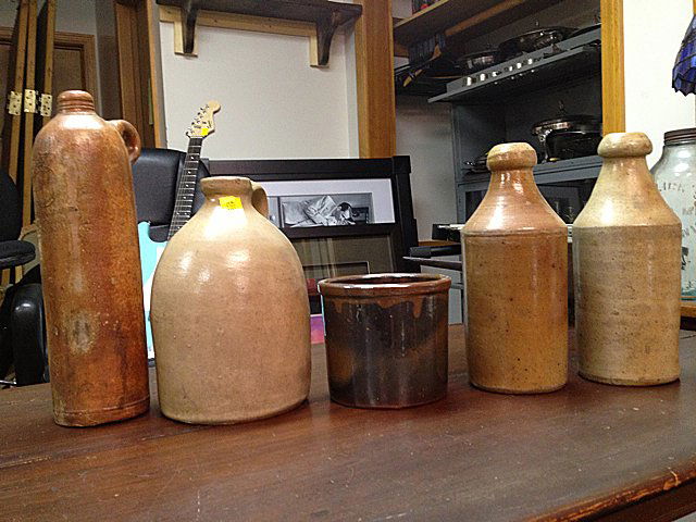 5 Piece Stoneware Lot: 5 Piece Stoneware Lot including 2 jugs, and 2 bottles, 1 Redware minature crock.. One jug is marked Rhenser Mineralalbrunn, Rhens a. Rhein, Deutschland Germany. All in very nice condition. All of our