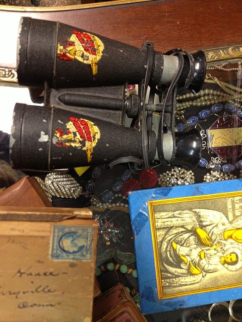 Estate Goodies Shelf Lot of many Vintage Toys: Estate Goodies Shelf Lot of many vintage toys including "Space Cadet" Binoculars, harmonica, baseball, ty gun, vintage leather baby shoes, Prussian knofe, decorative vintage tins, cast iron horse, etc