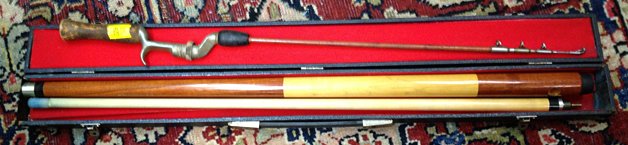 Vintage Telescopic Fishing Rod and Pool Cue: Vintage telescopic fishing rod made in Bridgeport, CT, and pool cue with original case. Both in nice condition.