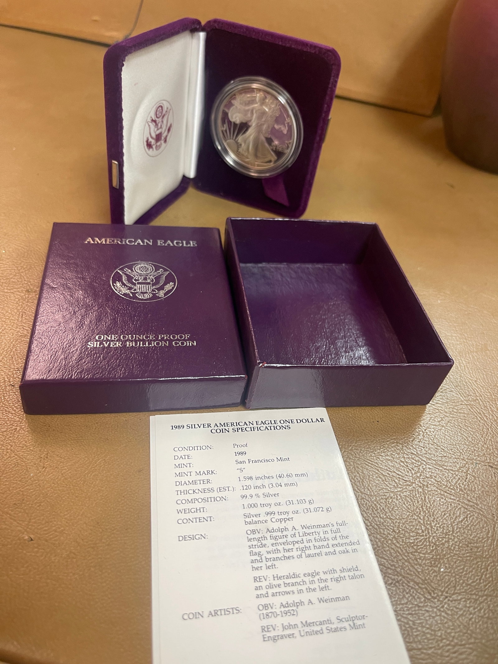 1989 Silver American Eagle One Dollar Coin: 1989 Silver American Eagle One Dollar Coin, Specifications: Year/Mint: 1989-S (San Francisco)Condition: ProofComposition: 99.9% SilverWeight: 1.000 troy oz (31.103 g)Diameter: 1.598 inches (40.60