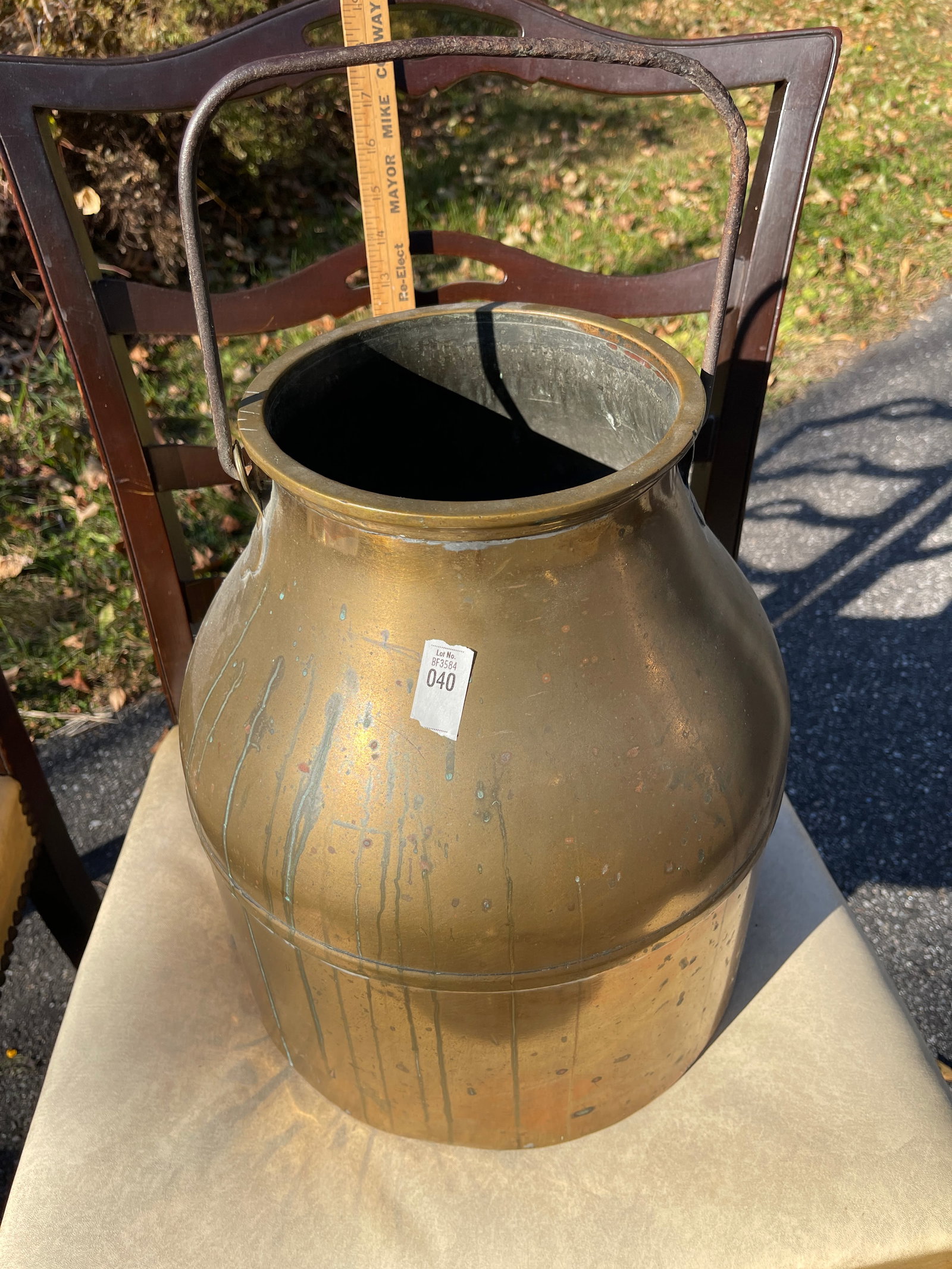 19th C. Copper Milk Pale: 19th C. Copper Milk Pale, with articulated pale handle, wear consistent with age and use, including some oxidation.