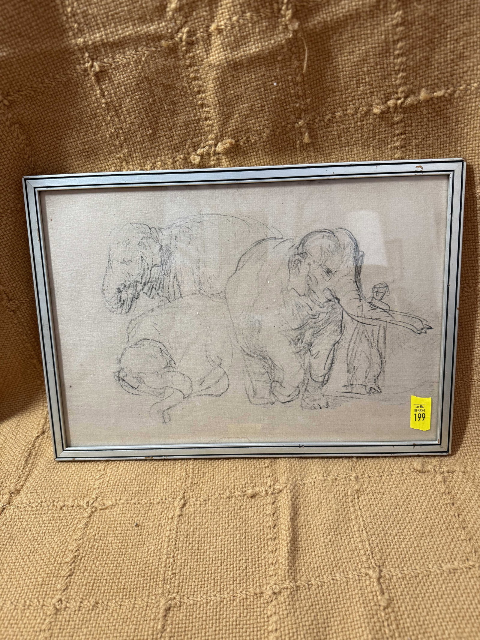 Sketch Of Elephants: Sketch Of Elephants, unsigned, framed behind glass, wear consistent with age.