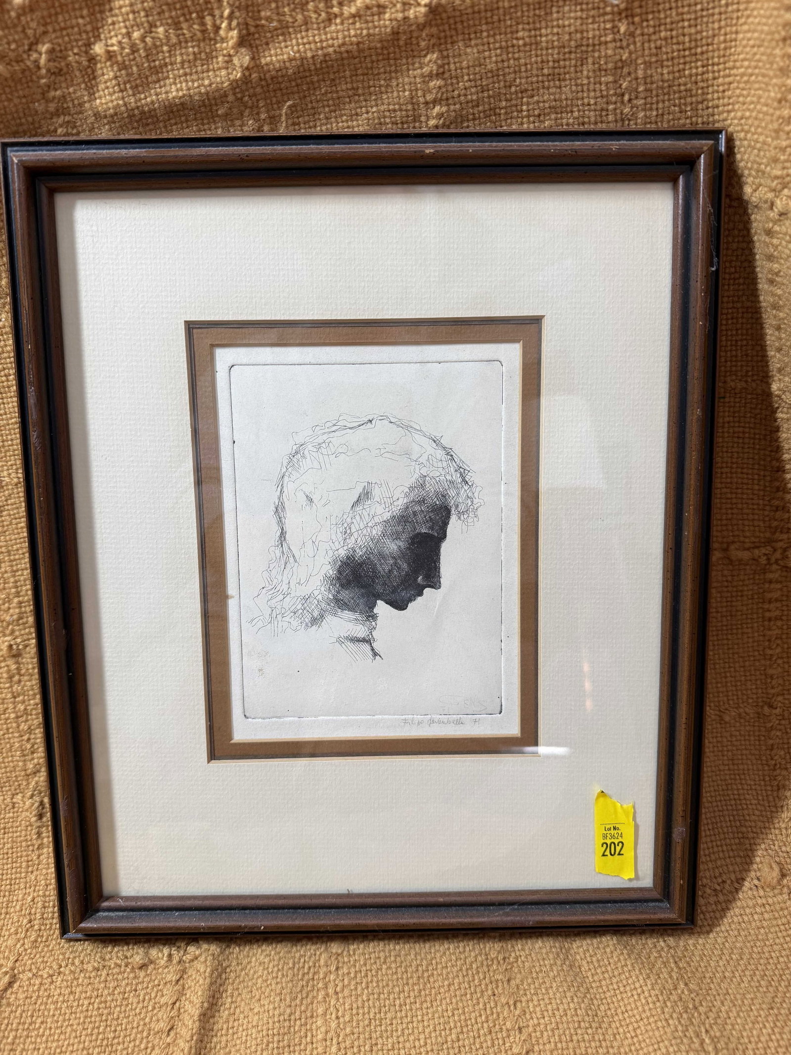 Contemporary Profile Drawing: Contemporary Profile Drawing, signed "Filipo Decabelle" or similar, dated 1971, framed behind glass, wear consistent with age.