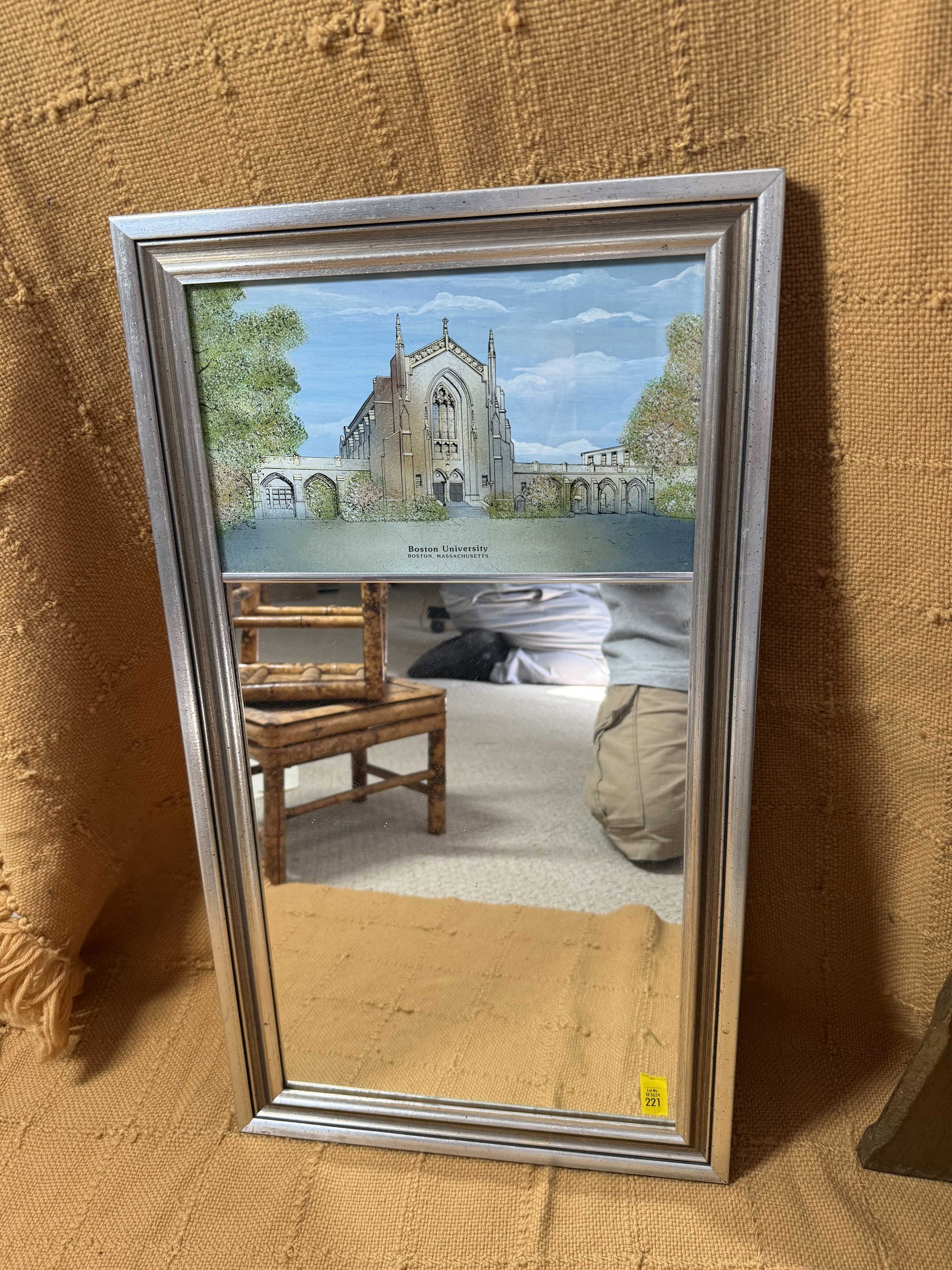 Modern Boston University Mirror: Modern Boston University Mirror, depicting Marshall Chapel printed on upper panel, with mirror to lower portion, wear consistent with age and use.
