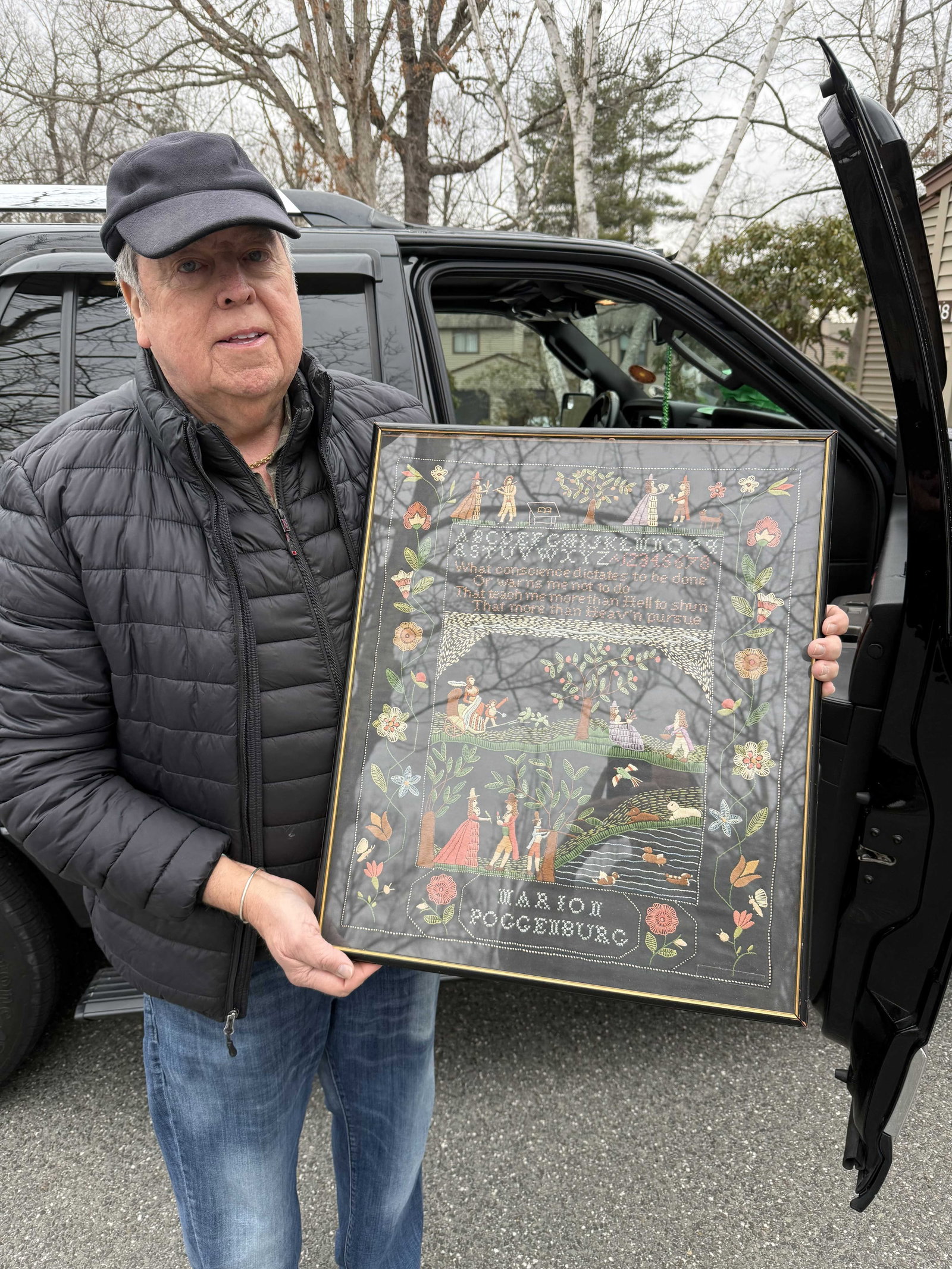 Framed Folk Art Embroidery: description