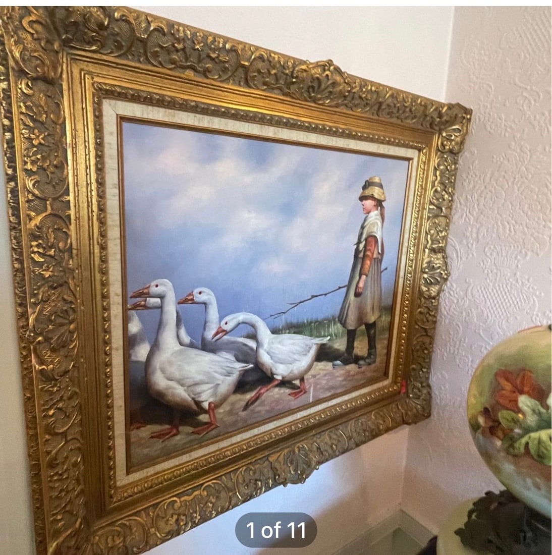 Painting of girl with Geese Gilt frame: description