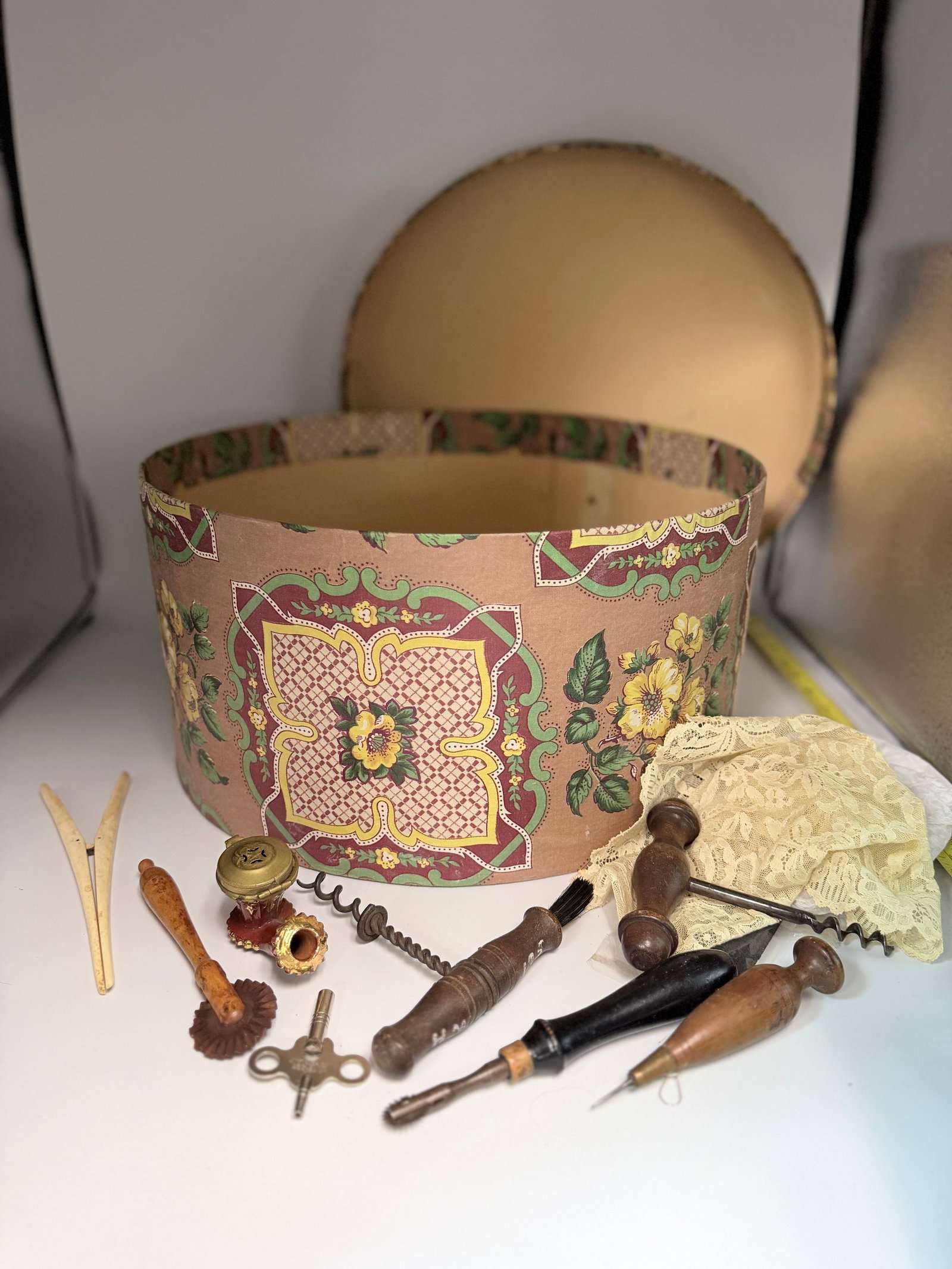 Antique hat box and crafting accessories (1 of 6)