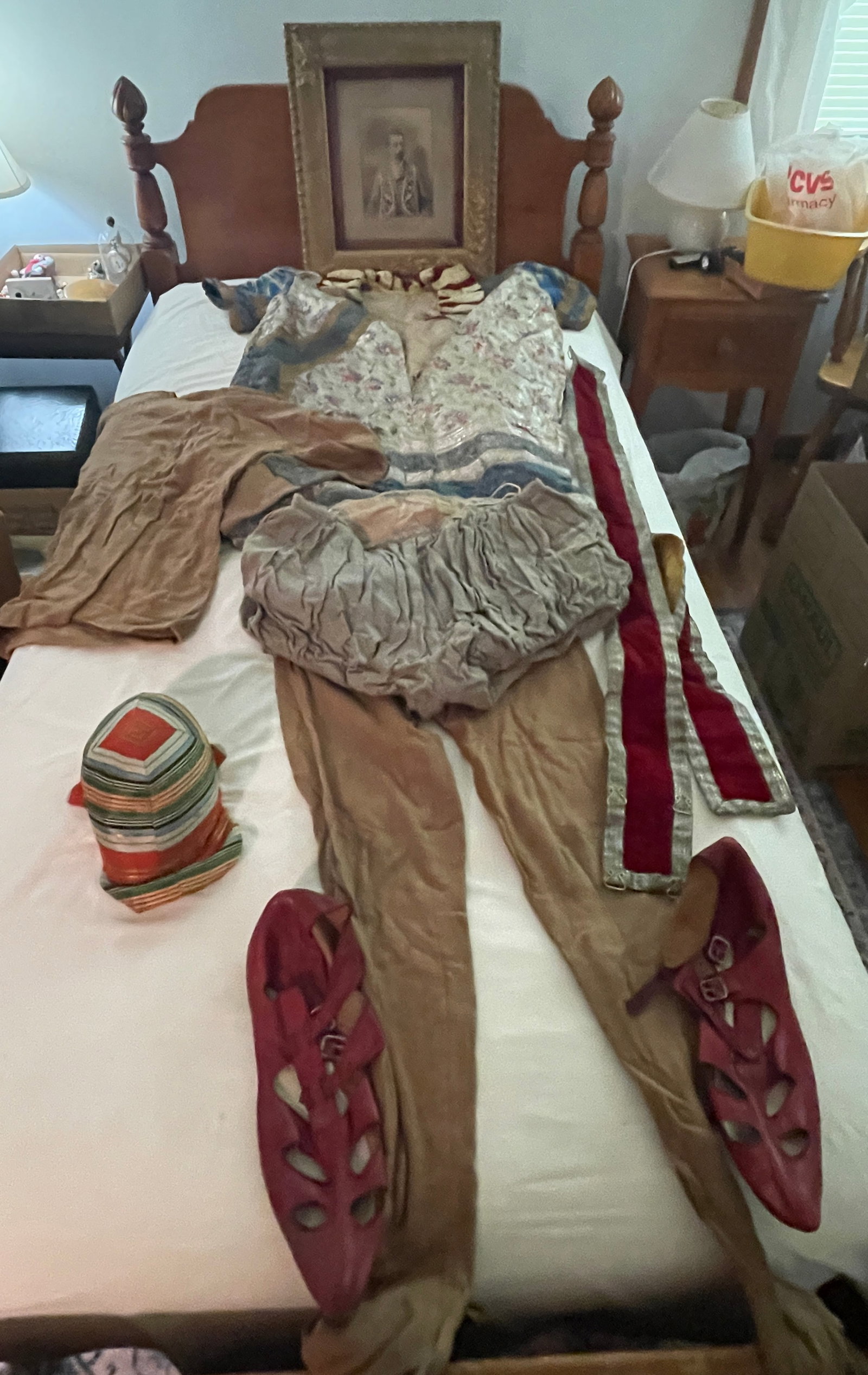 Early Mardi Gras Costume -The Warrior: This vintage early Mardis Gras costume includes the original Maker name inside the cap. This outfit was worn by John Corkhill (1852-1922) who was the president of the Odd Fellows in Pittsfield, MA.