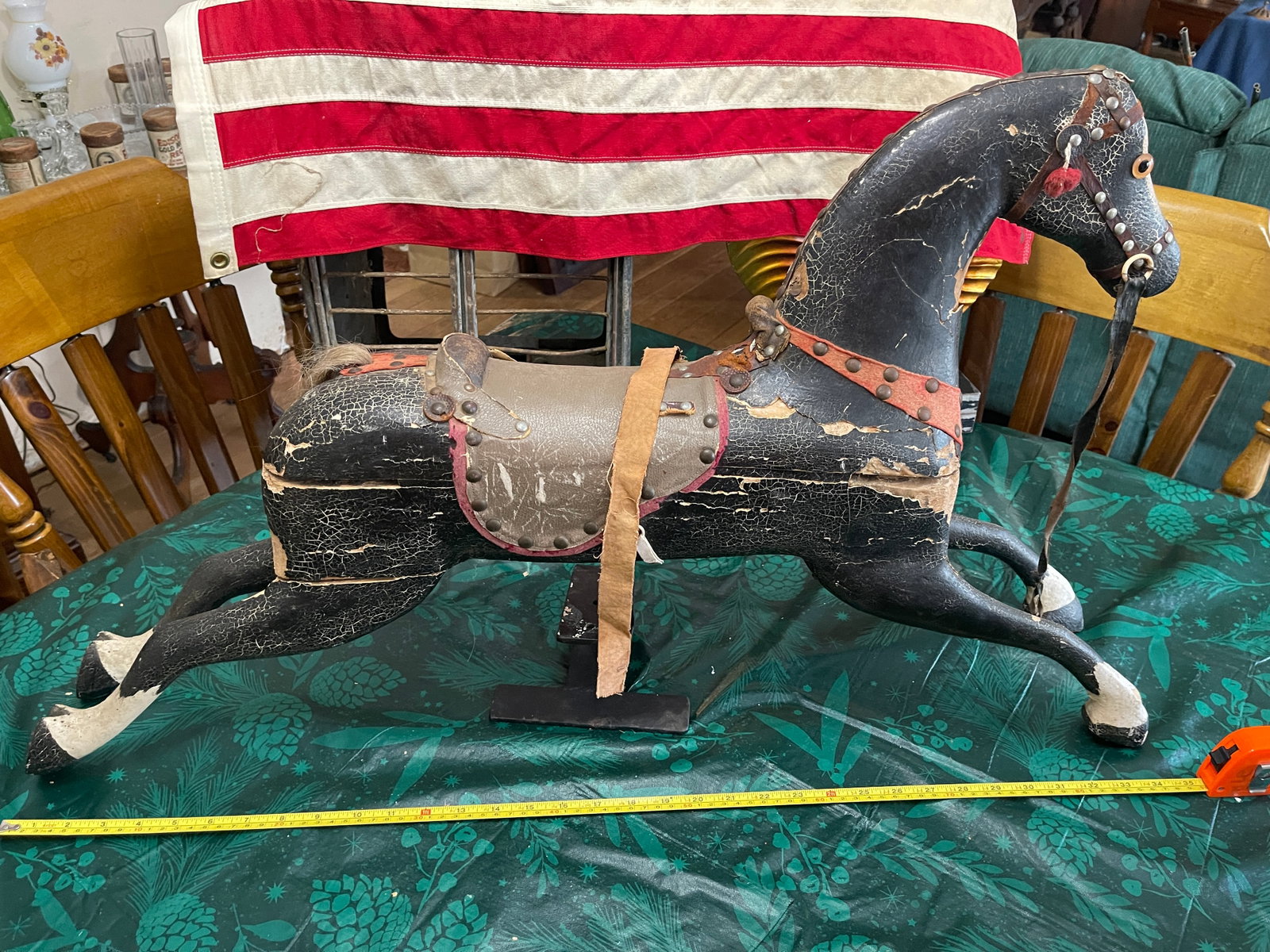 Black Carved Folk Art Horse: This is a black carved Folk Art Horse, late 19th / early 20th C., wear consistent with age and use
