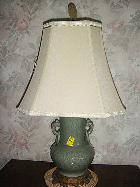 Vintage Celadon Table Lamp: Vintage Celadon Table Lamp with nice antique base and cloth linen shape. -NY