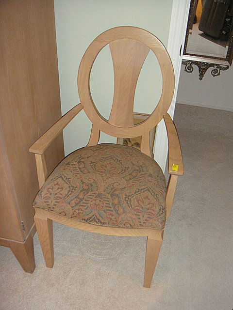 Ethan Allen Chair: Matching Ethan Allen Chair with arms, wooden back and upholstered seat cover to complete bedroom set furnishings. -NY