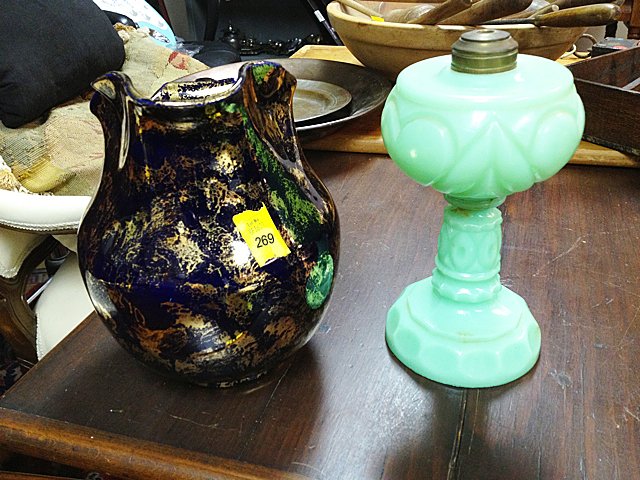 Vintage Estate Pitcher and Oil Lamp.: Vintage Estate Blue Colbalt Stone Agateware Pitcher and Jadite Green Oil Lamp with hearts. -CT