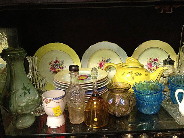 33 Pieces Estate Lot Plates, Dishes, Lassie Dog, etc.: 33 Pieces Estate Lot Plates, vintage dishware, china pieces, Lassie Dog statue, blue glassware, teapot, glass bell, egg cup, and much more! These pieces are being offer as ONE nice estate lot! -CT