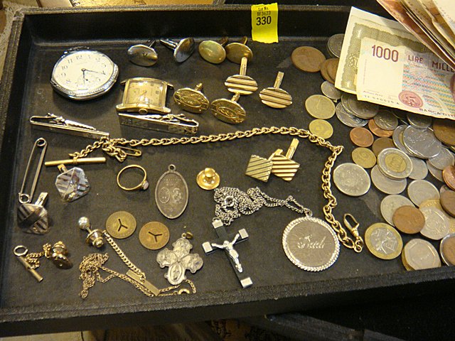 Estate Lot of Misc. Foreign Coins and Currency and More: Estate lot of misc. foreign coins and foreign currency, vintage man's cuff links, antique Waltham Pocket Watch (glass is damaged). Tie pins, vintage pocket watach chains, tokens, religious crosses. Po