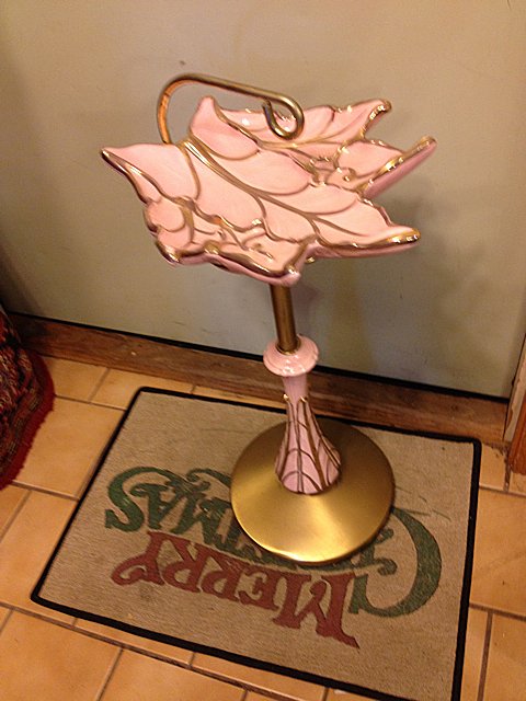 Art Modern Vintage Ashtry Stand: Art Modern "Great Gatsby" Ashtray Stand Measures 29 inches high, has extremely unique fancy pink and gold leaf design (comes out of stand), brass stand with pink and gold accents. Stamped on bottom of