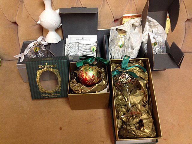 Estate Waterford Crystal Collection: Collection of Waterford Crystal with original boxes. 6 Pieces, including 2 Red, Green and Gold Christmas Ornaments, 2 Crystal Balls, small bud vase and Crystal American Flag. Also included is a small
