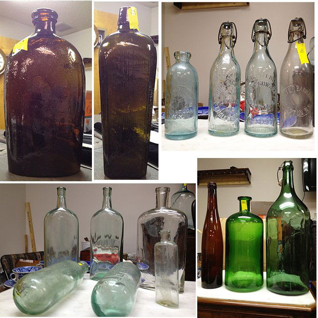 15 Antique Glass Bottles: 15 Antique Glass Bottles; 6 Antique Glass Bottles, including blob tops. Very old medicine bottle and unqiue heavy weight clear glass bottle. Soda bottles with original wire tops and stoppers. One is v