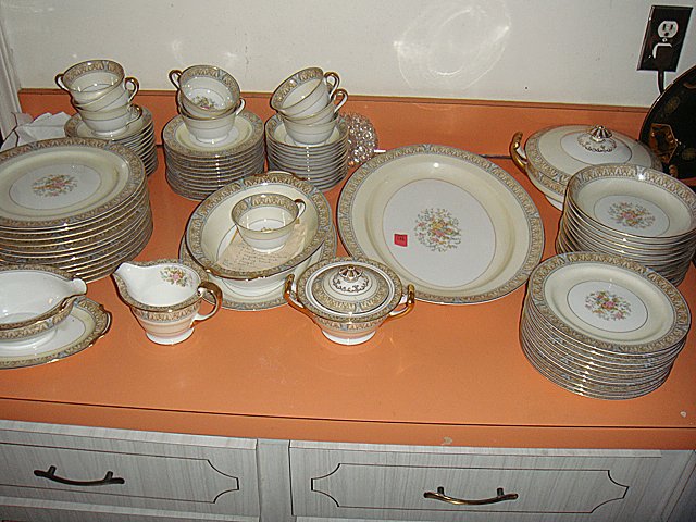 Estate Set of Noritake China Dishes: Set of Noritake China Dishes, including 12 dinner plates, 12 bread and butter plates, 12 soup dishes, 11 desert plates, 12 sauce dishes, 12 saucers, 10 cups, 2 platters, covered vegetable dish, vegeta