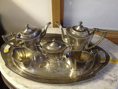 6 Piece Estate Antique Sterling Silver Tea and Coffee: 6 Piece Estate Antique Sterling Silver Tea and Coffee Service. All pieces are marked Sterling silver including the tray (International). No monograms, no damage, well taken care of over the years,