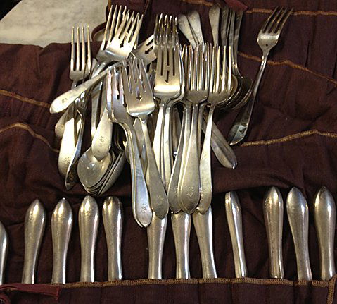 53 Piece Estate Sterling Silver Flatware Set: 53 piece estate sterling silver flatware plus 12 knives (handles on knives are sterling silver only), has monogram "S". Weighs 61 Troy Ounces. (estimated each handle at a 1/2 troy ounces each - very c