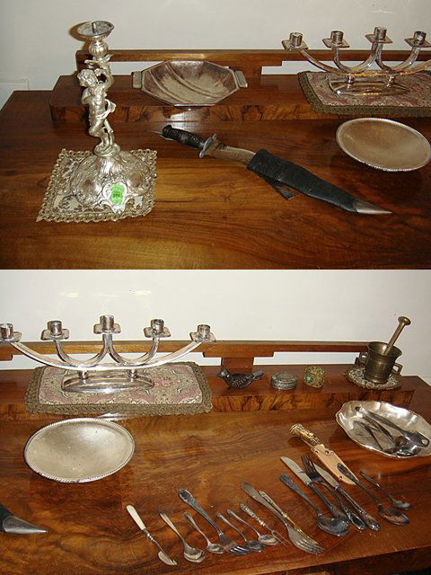 Estate Lot: Estate Lot including Cupid Candle Holder, appears to be Silver Plate, nice age to it, 5 candle candelabra appears to be silver plate, 3 bowls, appears to be silver plate, demitasse spoons, forks, kniv