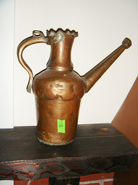 Estate Lot including Antique German Copper Pitcher: Estate Lot including Antique German copper pitcher, antique German cooper mold, stoneware planter with Egytain motif, small prayer rug and bellows.