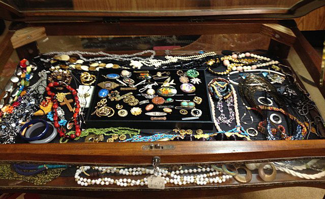 Estate Jewelry Lot: Some pins are marked 14kt gold, cameos, sterling silver, beads, necklaces, bangle bracelets, nice vintage lot of estate jewelry! Case measures 39" x 24" (not included, for information only)