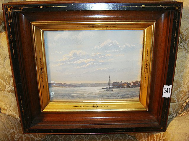 Estate F. Roberts Artwork in Beautiful Frame: Estate F. Roberts (appears to be) Watercolor of Amesterdam shoreline seen with beautiful frame. Wood with painted black outside edge with gold gilt decorations, inner frame is gold gilt with black dec